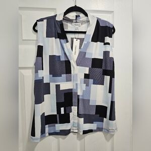 Calvin Klein Blue and Black Casual Button Down Shirt with Geometric Design